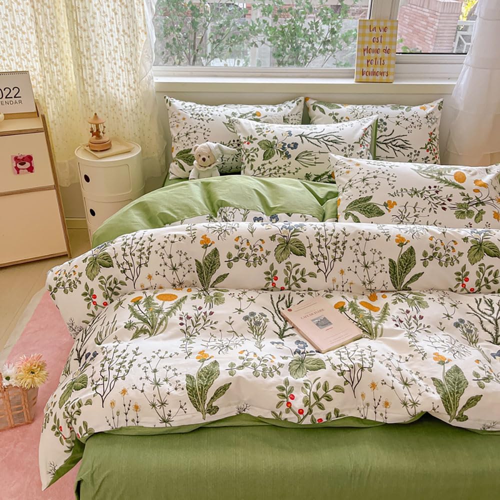 Nyescasa Housse de Couette 220x240 Coton Vert Blanc Feuilles Fleurs Floral Réversible Parure de lit Adulte 2 Personnes Sets de Housses de Couettes avec Fermeture Éclair et 2 Taies d'oreiller 65x65 cm : Cuisine et Maison