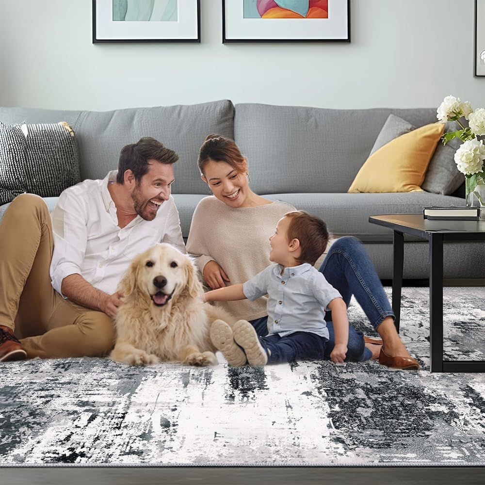 MAST DOO Tapis de salon, moderne, à poils courts, grand, abstrait, lavable, antidérapant, design, pour salle à manger, bureau, décoration, noir et blanc, dimensions 140 x 200 cm : Cuisine et Maison