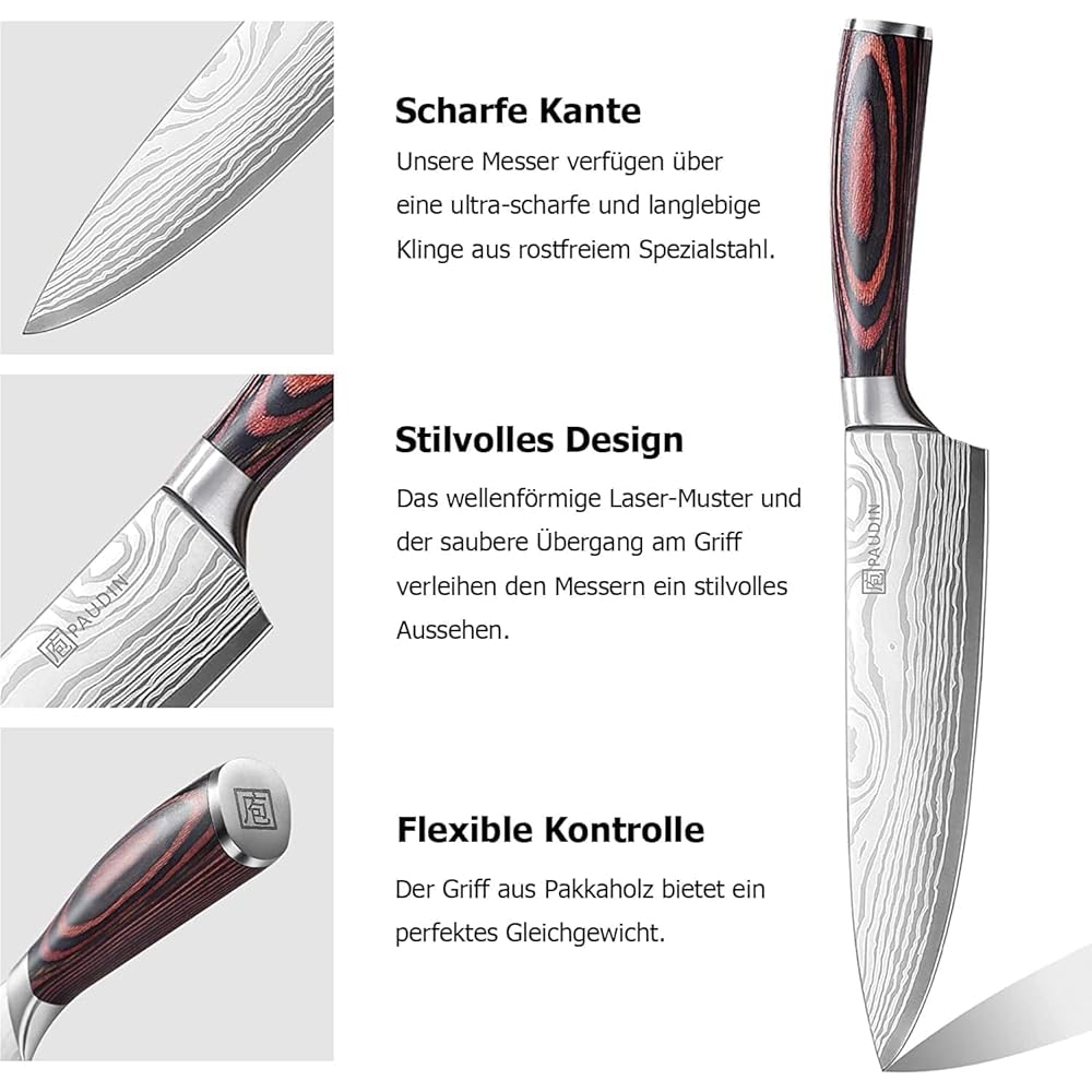 PAUDIN Couteau Cuisine Professionnel, Ensembles de Couteaux de Chef 20cm, Couteau de Cuisine 17cm, Couteau Japonais 13cm, Acier Inoxydable Allemand, Manche en Bois, pour Cuisine, Restaurant : Cuisine et Maison