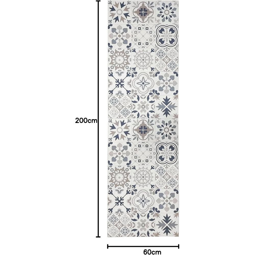 Tadi &amp; Imperio1979 Tapis Vinyle hydraulique en Carreaux réalistes, pour Salon, Couloir, Cuisine et Moquette sur Mesure, Couleur Beige avec Tons Bleu, doré et Orange. : Cuisine et Maison