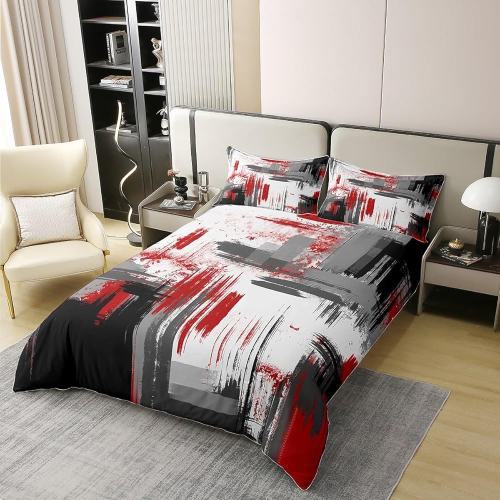 Homemissing Abstrait Literie Art Abstrait Moderne Parure de Lit Garçons Filles Enfants Rouge Gris Noir Motif Parure de Lit Housse de Couette 220x240cm Coton décoration de Chambre Literie 3 pièces : Cuisine et Maison
