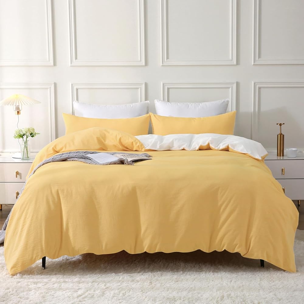 SOULFUL Housse de Couette 240x260 Coton, Jaune Ensembles de Housse de Couette avec Fermeture Éclair, 100% Coton Lavé, Texture Lin, Parure de Lit 240x260 Coton avec 2 Taie d'oreiller 65x65 cm : Cuisine et Maison
