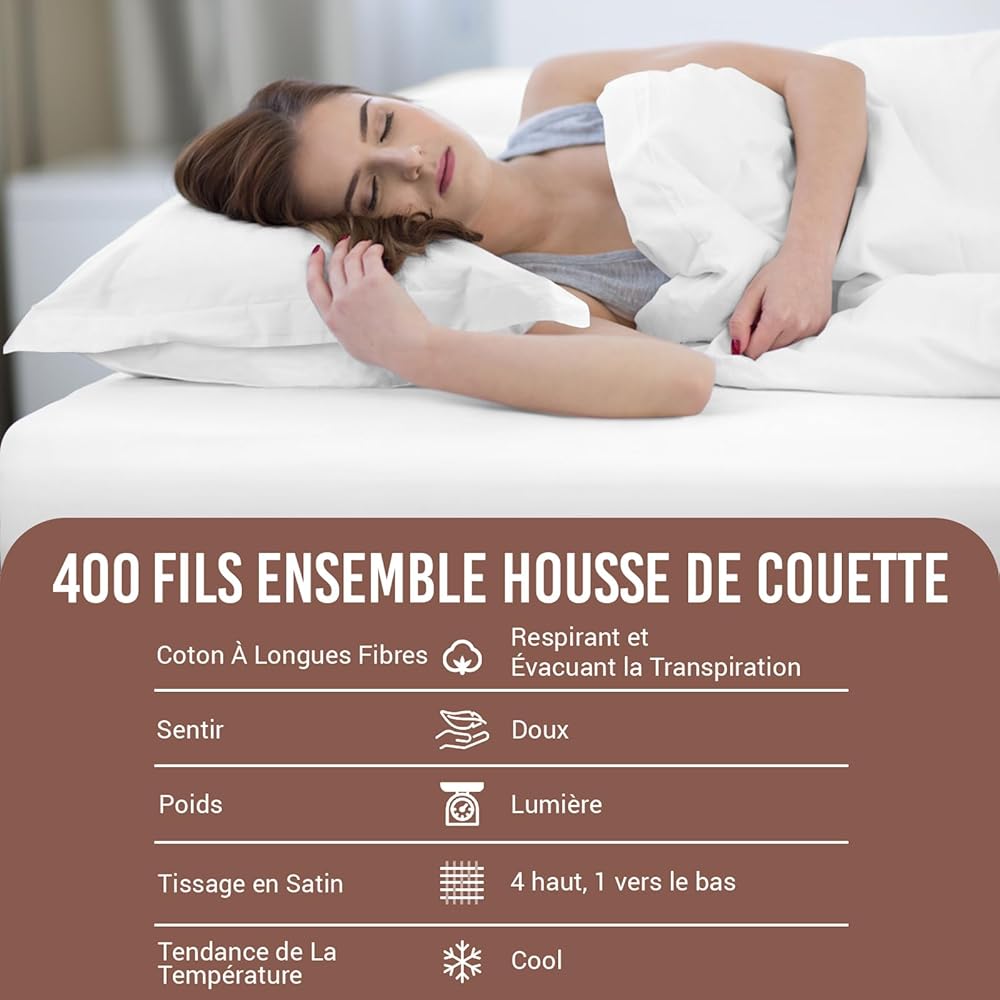 Pizuna Coton peigné Ensemble de Housse de Couette 140x200 cm 1 Personne Blanc, 100% Coton Longue Tige 400 Fils Armure Satin, Housse de Couette de Luxe avec Fermeture à Boutons Blanc : Cuisine et Maison