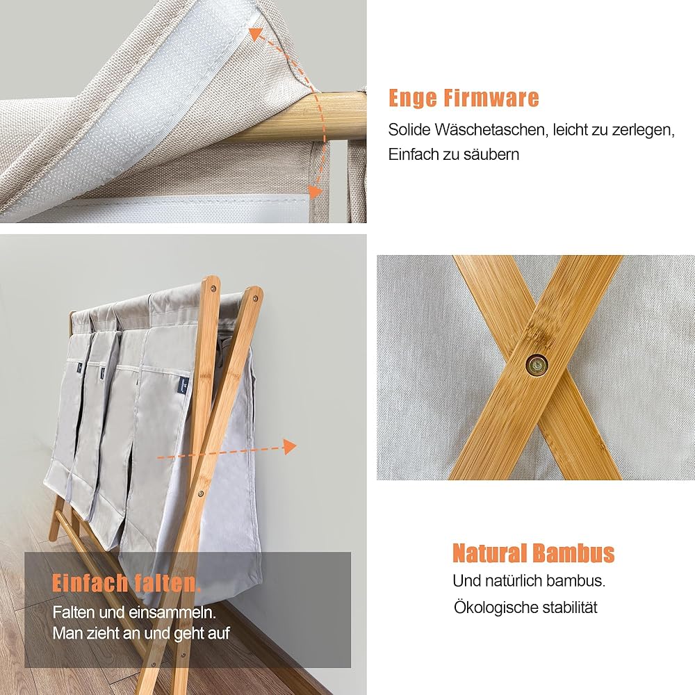 AdelDream Panier à Linge 4 Compartiments 200 L Panier à Linge en Bambou pour Linge Sale Trieur de Linge Boîte à Linge en Bois Panier à Linge avec Couvercle : Cuisine et Maison