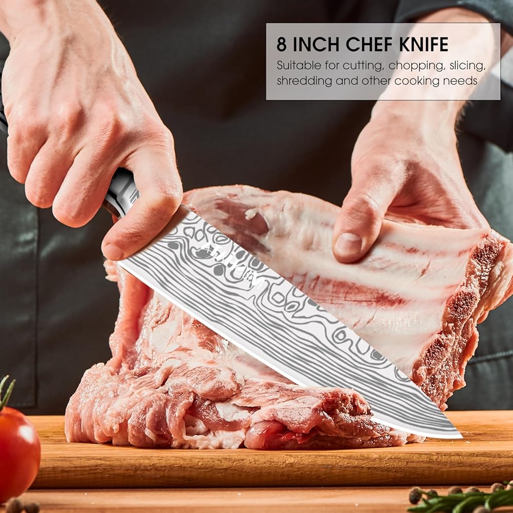 MOSFiATA Lot de 10 couteaux de cuisine en acier inoxydable avec étui - Pour l'extérieur - Couteau de chef tranchant - Protection des doigts - Douilles de sabre de couteau, baguette à aiguiser et sac : Cuisine et Maison
