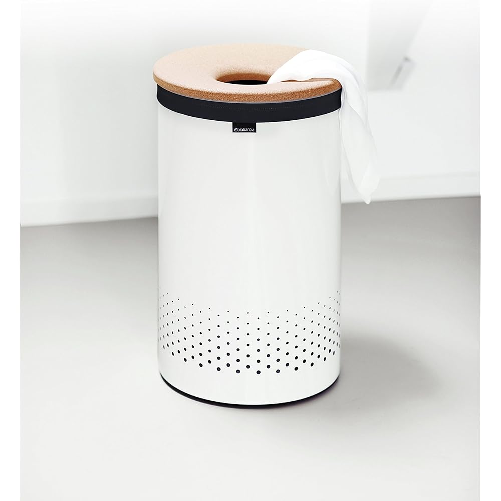Brabantia - Corbeille à Linge - Couvercle en Liège - Portable Sac à Linge - Corbeille avec des Orifices de Ventilation - Pas de Rayures - Matériaux Durables Résistants à la Corrosion - Blanc - 60 L : Cuisine et Maison