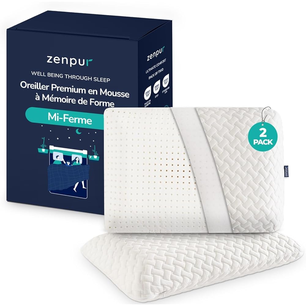 ZenPur Lot de 2 Oreillers Cervicaux Mémoire de Forme 40x60 - Coussins Ergonomiques Anti-Douleurs Cervicales - Mi-Ferme, Housse Bambou Premium, Certifié Oeko-TEX : Cuisine et Maison