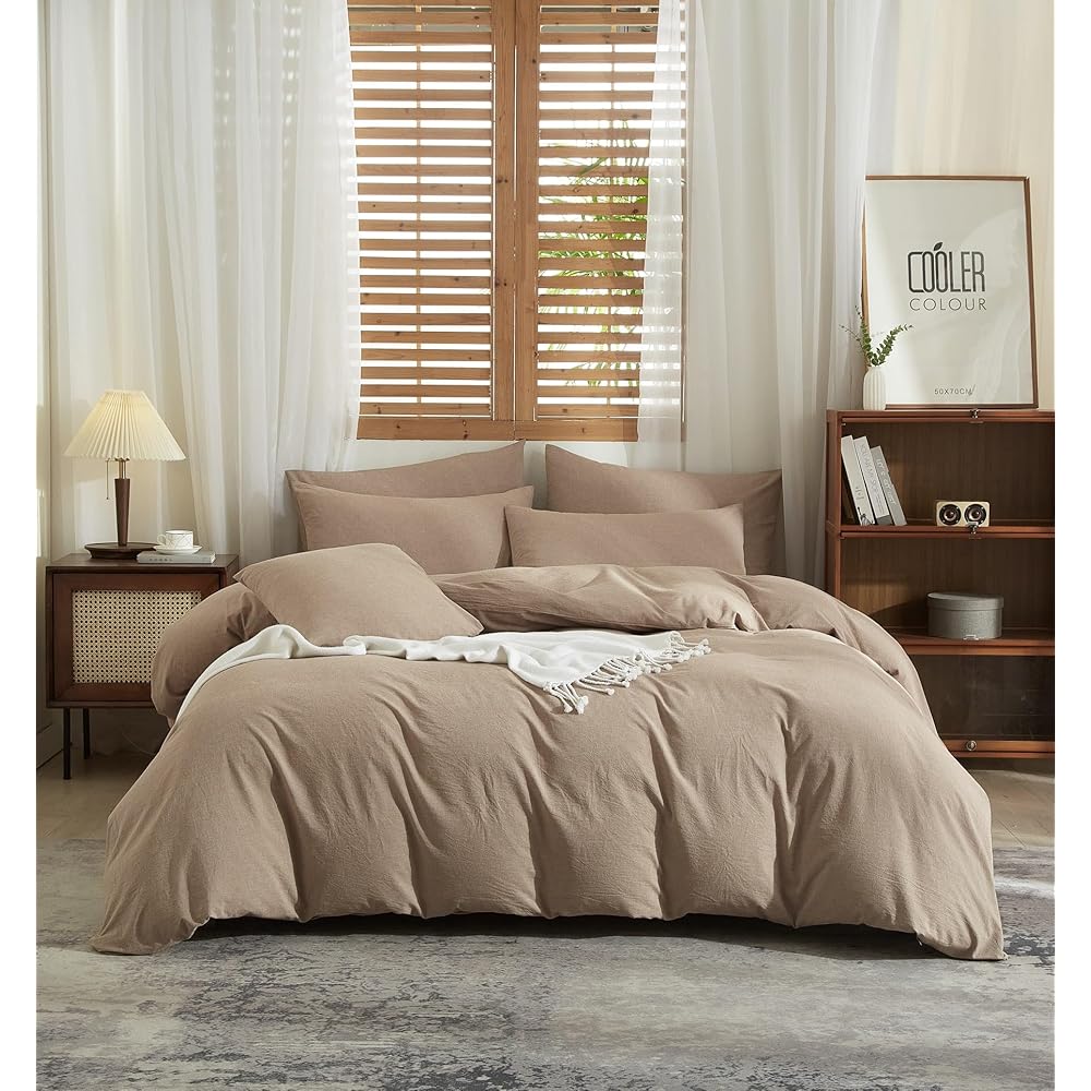 YASMENG Housse de Couette Demi-Lin 200x200 Brun Parure de Lit Mélangé Doux Respirant Douillet Coton Lin Linge de Lit 2 Personne avec Fermeture Éclair et Taies d'oreiller 65x65 cm : Cuisine et Maison