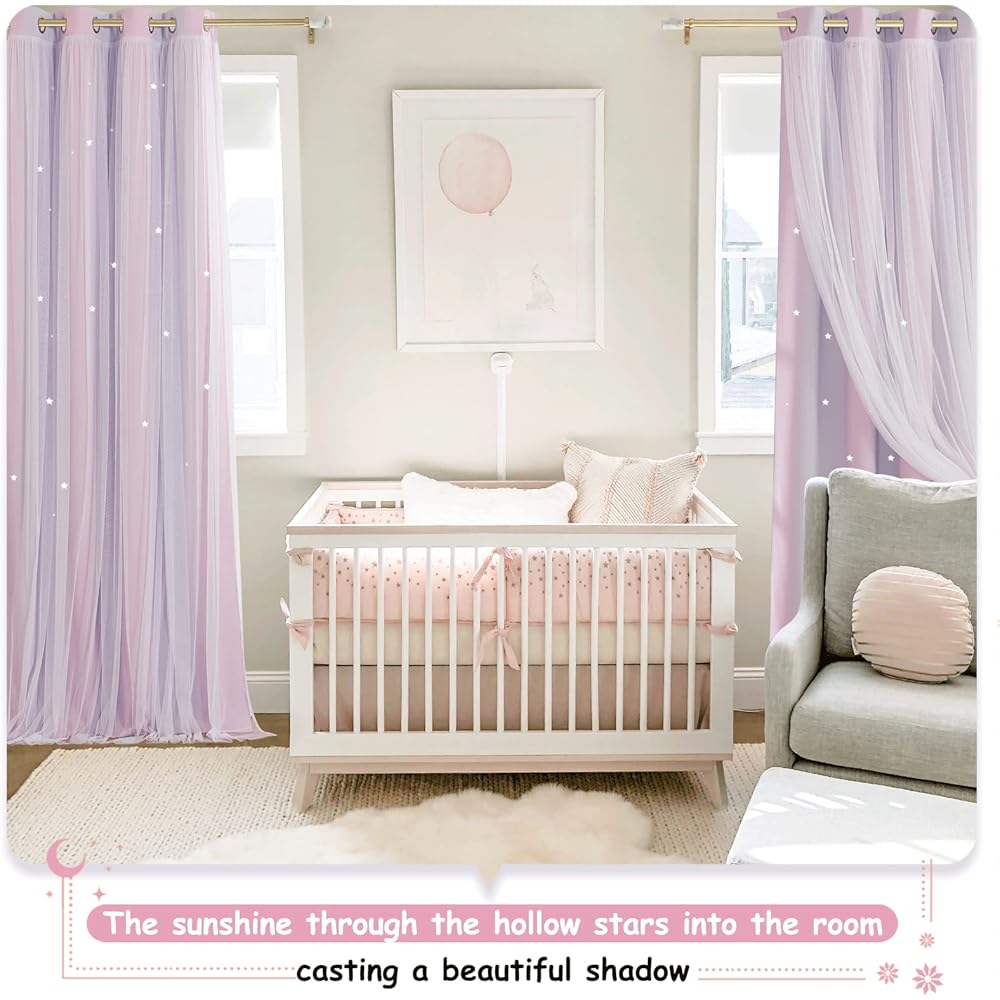 NICETOWN Rideau Chambre Fille - Rideaux Occultant avec Blanc Voilages Décoration pour Chambre Enfant Motif Forme Etoiles à Oeillets, L 132 sur H 240 cm, Rose + Violet, 2 Pièces : Cuisine et Maison