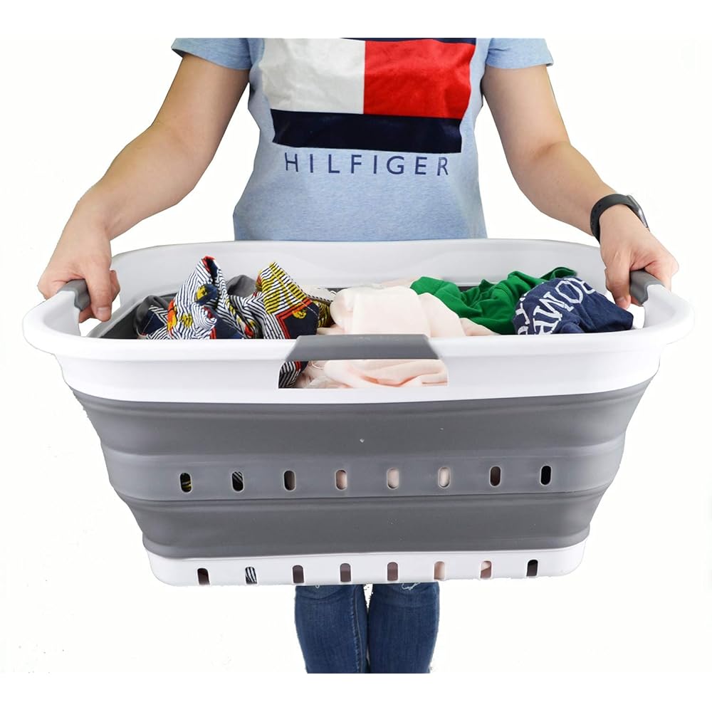 Sammart 42L Panier à linge pliable en plastique, utilisable comme bac de rangement ou de nettoyage, portable, gain de place, blanc/gris foncé : Cuisine et Maison