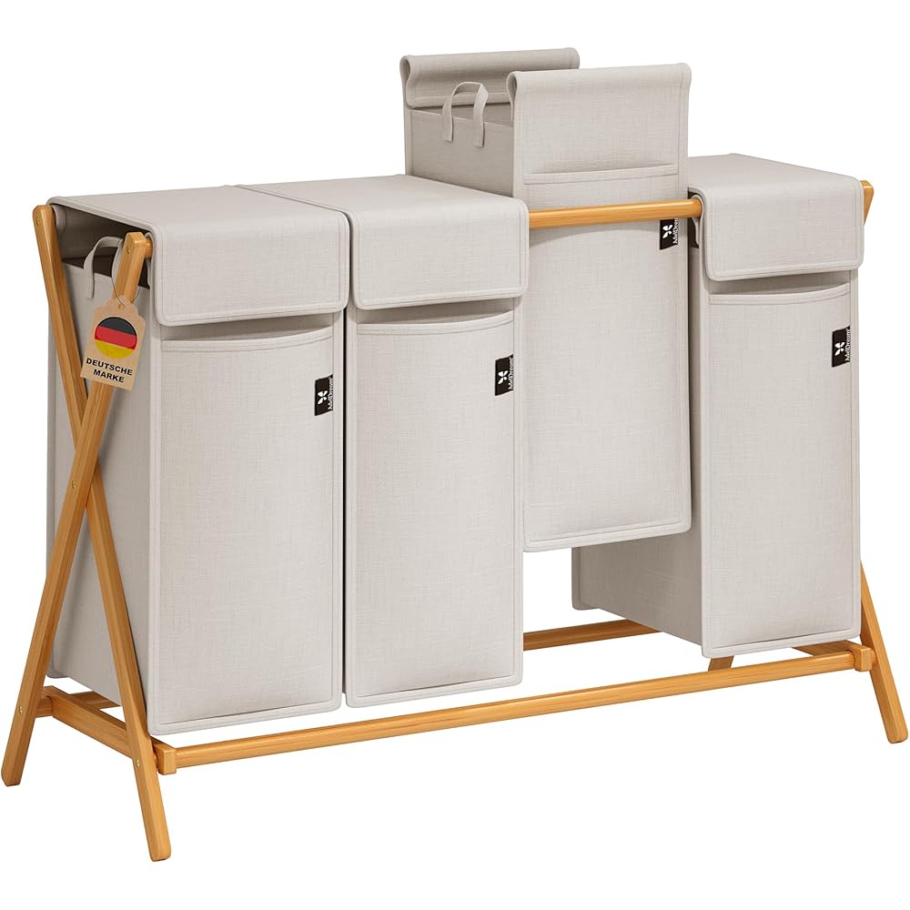 AdelDream Panier à Linge 4 Compartiments 200 L Panier à Linge en Bambou pour Linge Sale Trieur de Linge Boîte à Linge en Bois Panier à Linge avec Couvercle : Cuisine et Maison