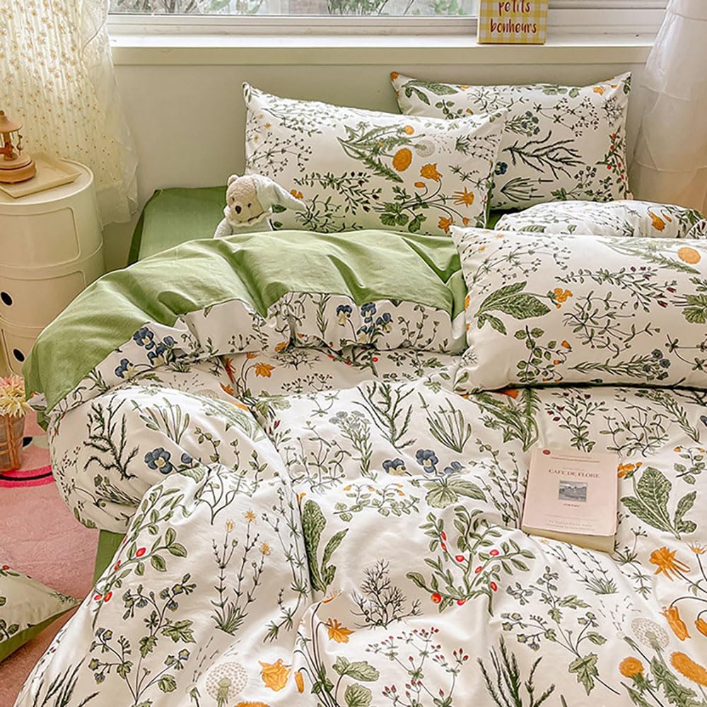 Nyescasa Housse de Couette 220x240 Coton Vert Blanc Feuilles Fleurs Floral Réversible Parure de lit Adulte 2 Personnes Sets de Housses de Couettes avec Fermeture Éclair et 2 Taies d'oreiller 65x65 cm : Cuisine et Maison