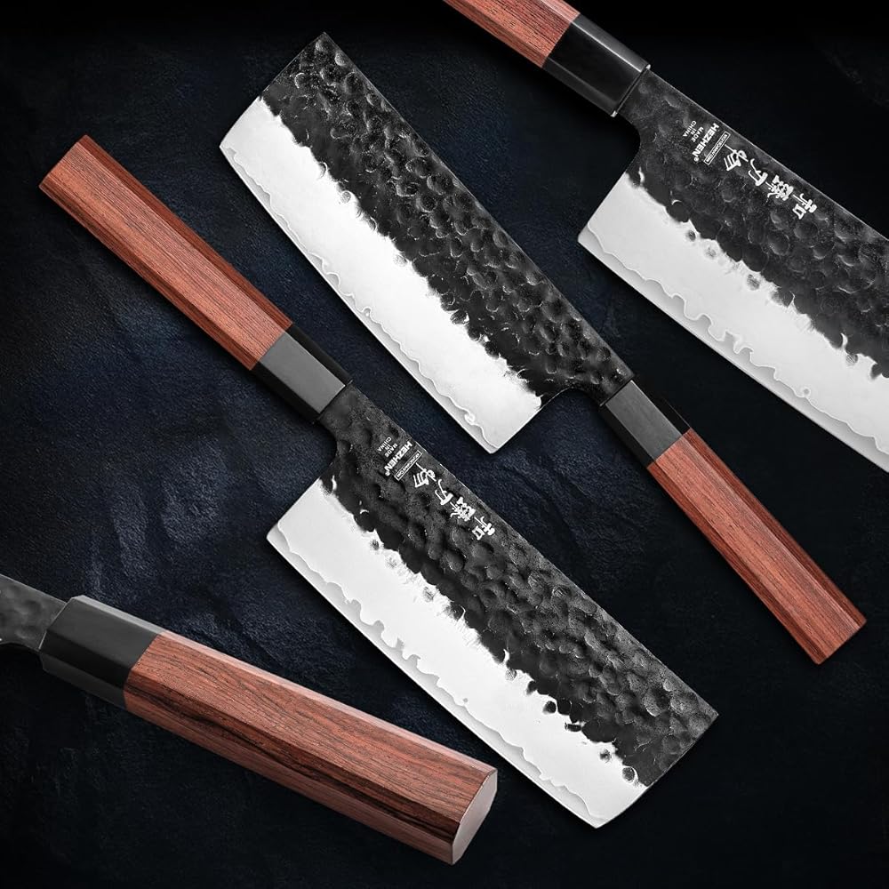 HEZHEN Couteau Nakiri Style japonais Couteau Couteau, Multi-Usages Couteau de chef Asiatique Pour Trancher la Viande et les Légumes, Manche Octogonal Ergonomique en Bois Rouge : Cuisine et Maison