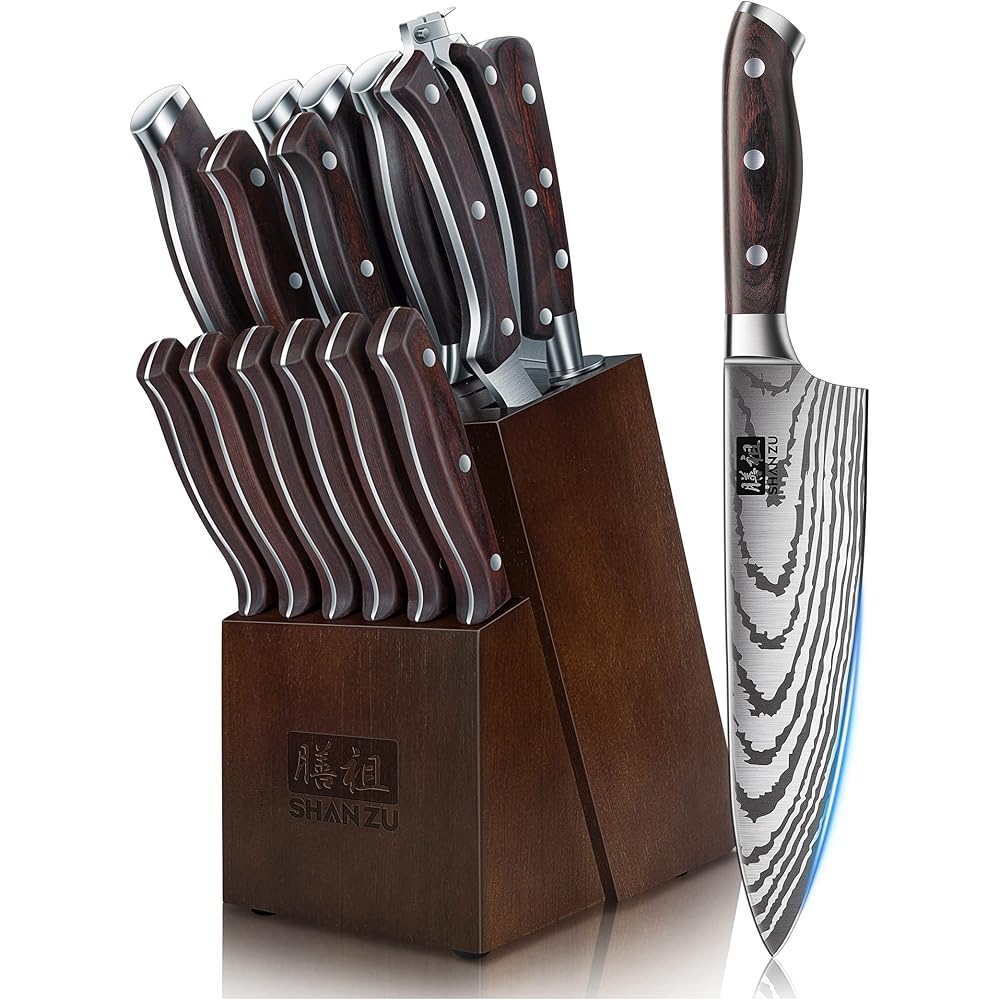 SHAN ZU Ensemble de Couteaux, 16 PCS Ensemble de Couteaux de Cuisine en Acier Inoxydable Allemand pour la Cuisine avec Bloc, Set de Couteaux de Chef Professionnel Ultra-tranchant avec Aiguiseur : Cuisine et Maison