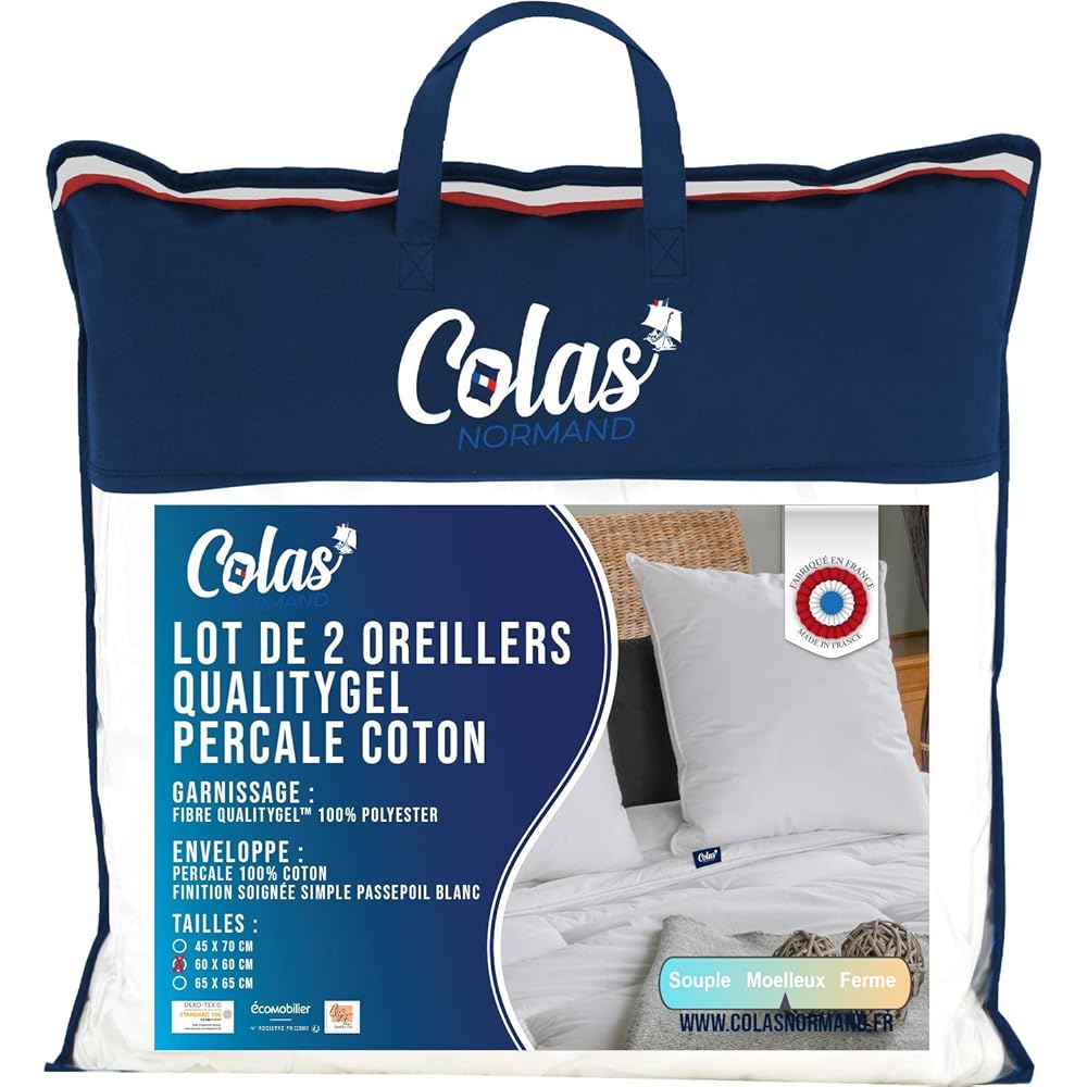 COLAS NORMAND - Lot de 2 Oreillers Qualitygel Percale 100% Coton - Moelleux - 60x60cm - Soutien cervicale - Qualité hôtel - Doux - Fabrication française - Blanc 73130206 : Cuisine et Maison