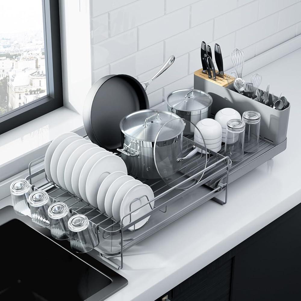 Kitsure Grand égouttoir à vaisselle – Égouttoir à vaisselle extensible multifonction pour comptoir de cuisine, égouttoir à vaisselle antirouille avec couverts et porte-gobelets 68,6 cm (L) x 32,8 cm : Cuisine et Maison