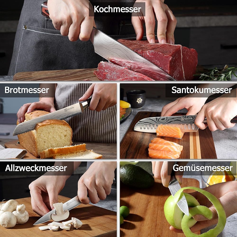 PAUDIN Set Couteau Cuisine Professionnel, 5 Pièces Ensembles de Couteau Japonais Tranchants, Acier Inoxydable, Couteau de Chef Santoku Universel Fruit Pain, Manche en Bois : Cuisine et Maison