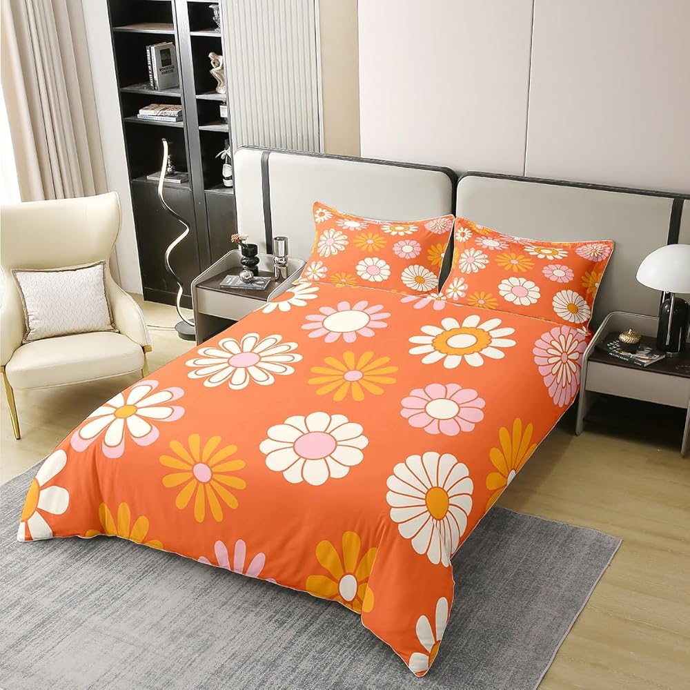 Homemissing 60s 70s Groovy 100% Coton Housse de Couette 220x240cm Vintage Hippie Fleurs Literie Vintage bohème Plantes Fleurs Parure de lit Coton Housse de Couette Blossom Orange Literie Ensemble : Cuisine et Maison