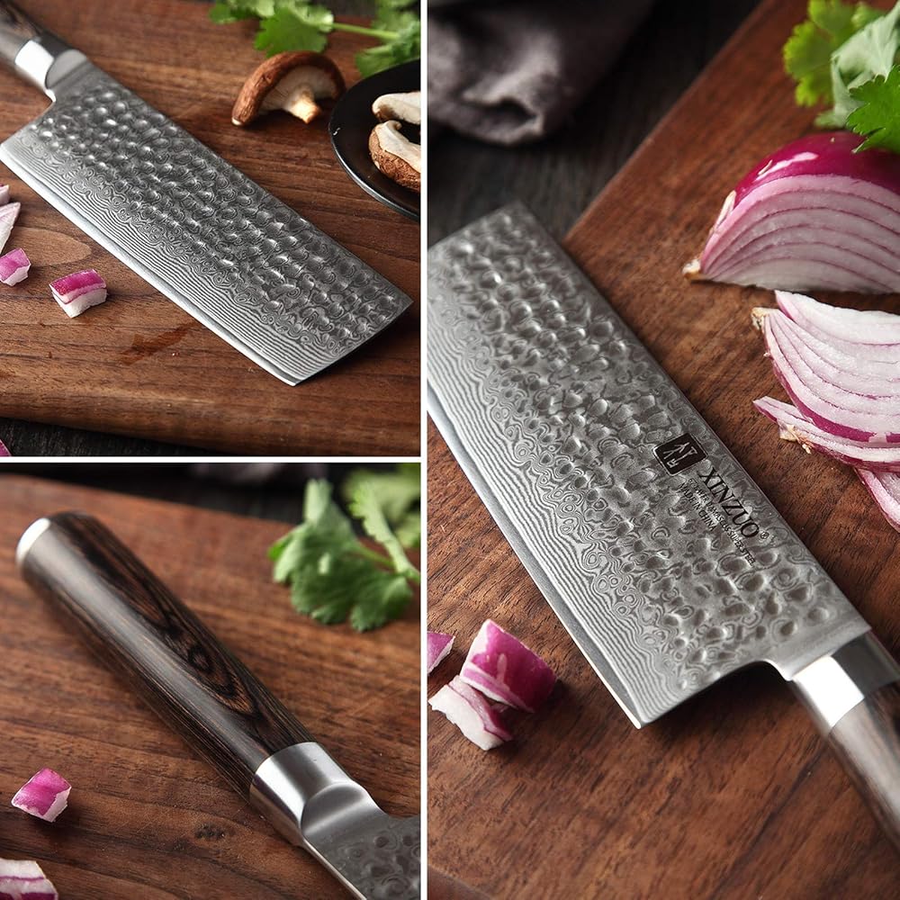 XINZUO 17cm Couteau Nakiri Acier Damas, Couteau à Légumes Chef en 10Cr15CoMoV Acier Damas, Professionnel Finition Martelée Lames Bien Tranchantes avec Poignée en Bois de Pakka -He Série : Cuisine et Maison
