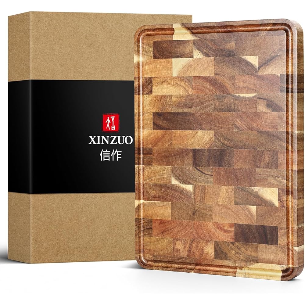 XINZUO Planche à Découper en Bois d'Acacia- Tranchoir Planchette Ustensile de Cuisine- Fabriquée à la Main en Bois End Grain- avec Pieds Antidérapants, Poignées Latérales et Rainure pour le Jus : Cuisine et Maison