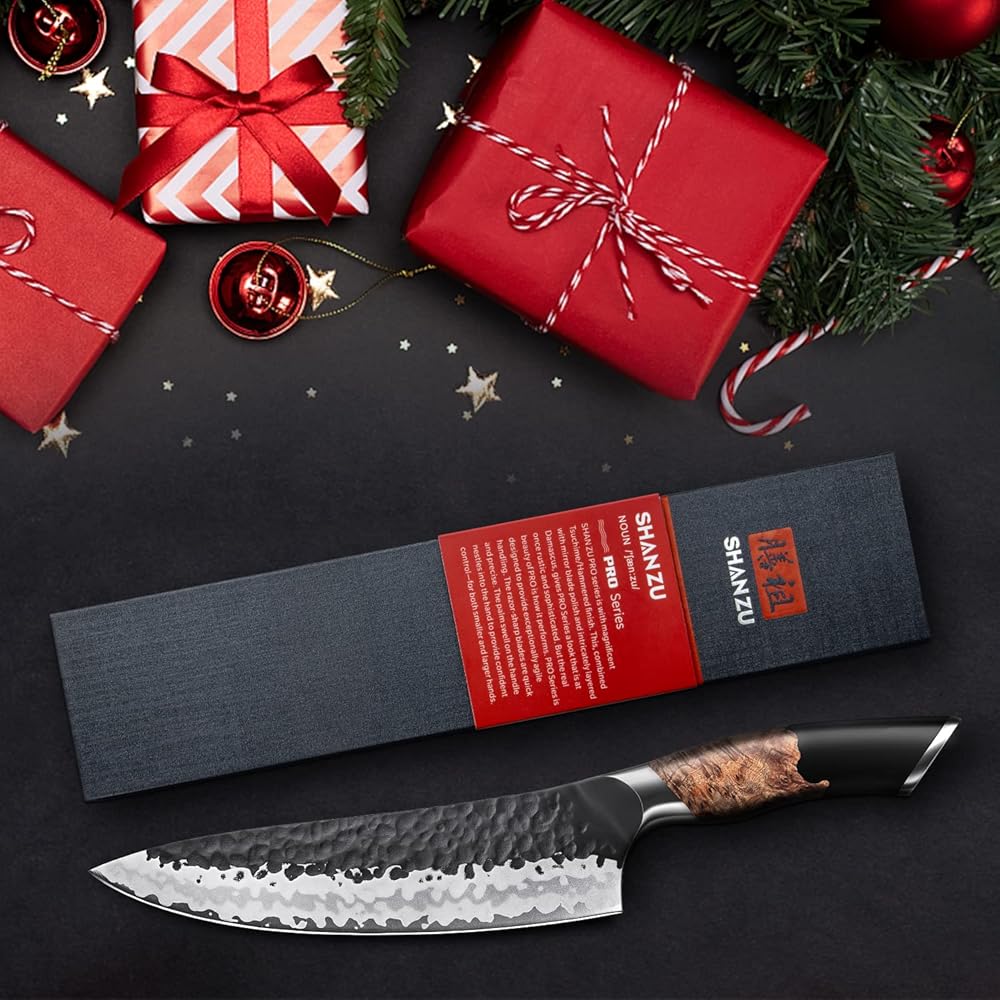 SHAN ZU Couteau Japonais Forgé à la Main, Couteau de Cuisine 20 cm, 7 Couches Couteau de Chef Tranchant en Acier au Carbone de Haute Qualité, Couteau Professionnel Gyuto avec Manche en Nois d'érable : Cuisine et Maison