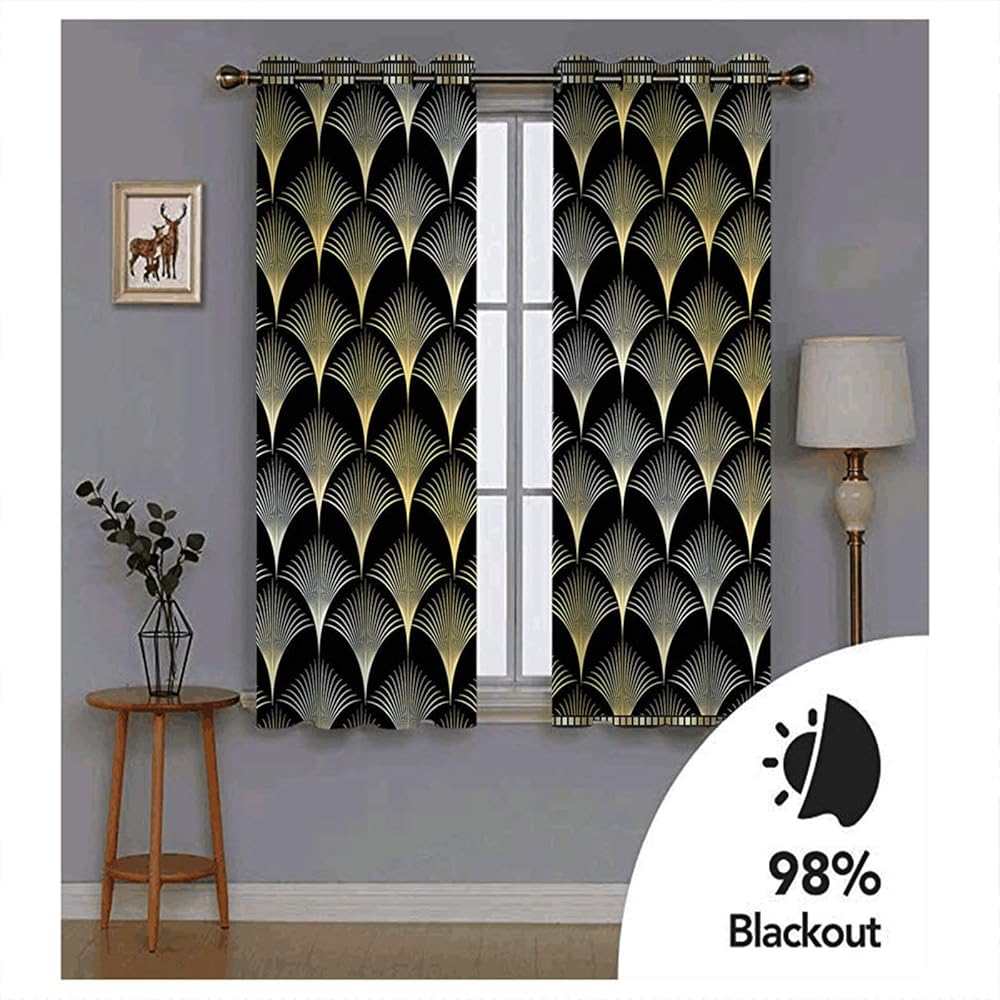 ANAZOZ Rideau Occultant Isolation Thermique 214x274CM, Noir Jaune Motif Art Deco, Lot de 2 Rideaux Fenêtre Draperies pour Salon Chambre : Cuisine et Maison