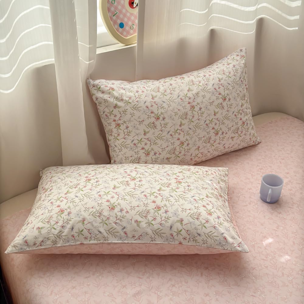 Covebett Housse de Couette Coton 220x240 Rose et Blanc Fleurie Floral Feuilles Parure de Lit 3 Pièces Adulte 2 Personnes Doux Coton Linge de lit avec Fermeture Éclair et 2 Taie d'oreiller 65x65cm : Cuisine et Maison