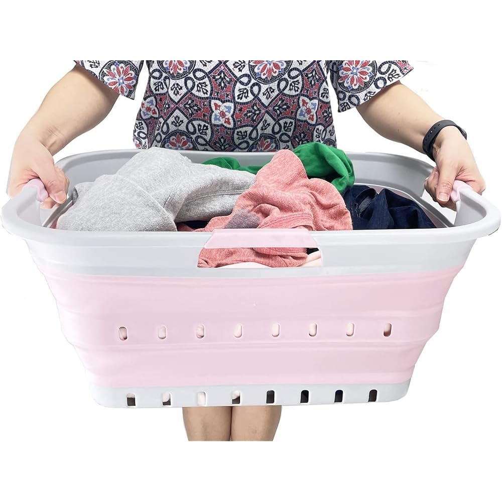 SAMMART Panier à Linge Pliable en Plastique 42L - Conteneur/Organisateur de Stockage Pliable Pop Up - Cuve de Lavage Portable - Panier/Panier Gain de Place (Gris/Rose Pâle) : Cuisine et Maison