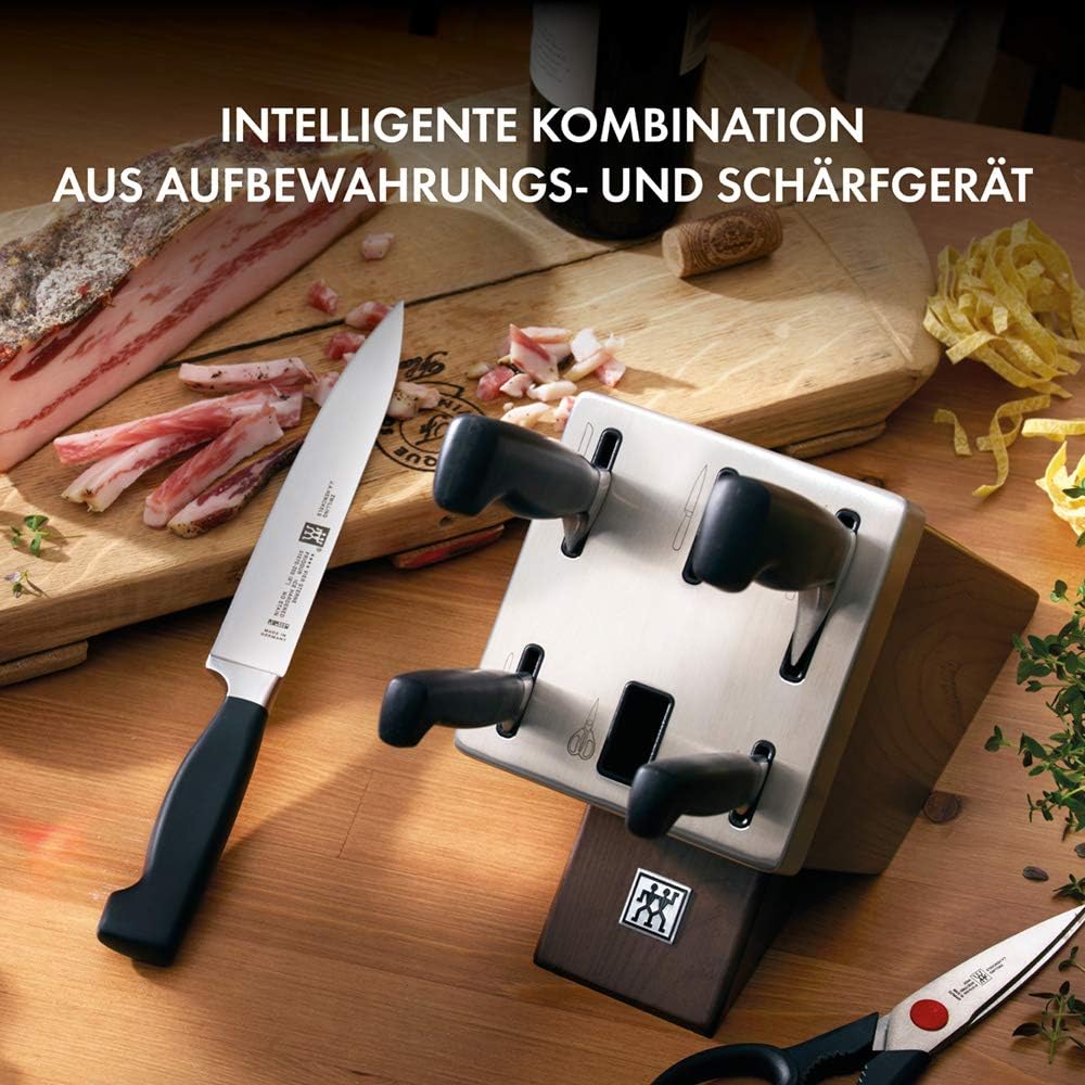 ZWILLING Bloc de Couteaux SharpBlock (7 pièces) avec Affûteur Intégré, Bloc Gris en Bois de Frêne, Couteaux/Ciseaux, Acier Inoxydable, Manche Noir, série Four Star : Cuisine et Maison