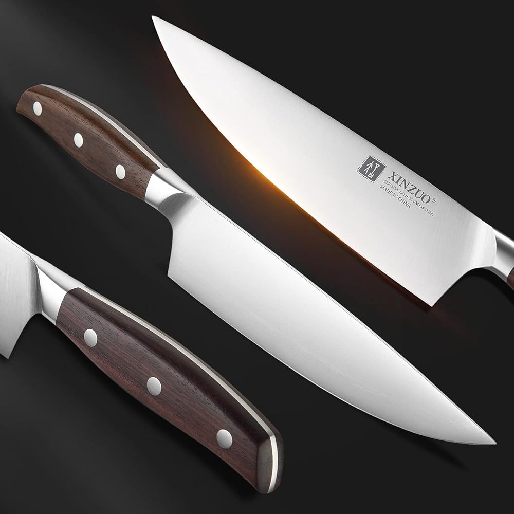 XINZUO 5 Pièces Set Couteaux de Cuisine en Acier Inoxydable 1.4116 Allemand,Professionnel Acier à Haute Teneur en Carbone Couteau de Chef Santoku Trancher Universel Fruits, Red Sandalwood Poignée : Cuisine et Maison