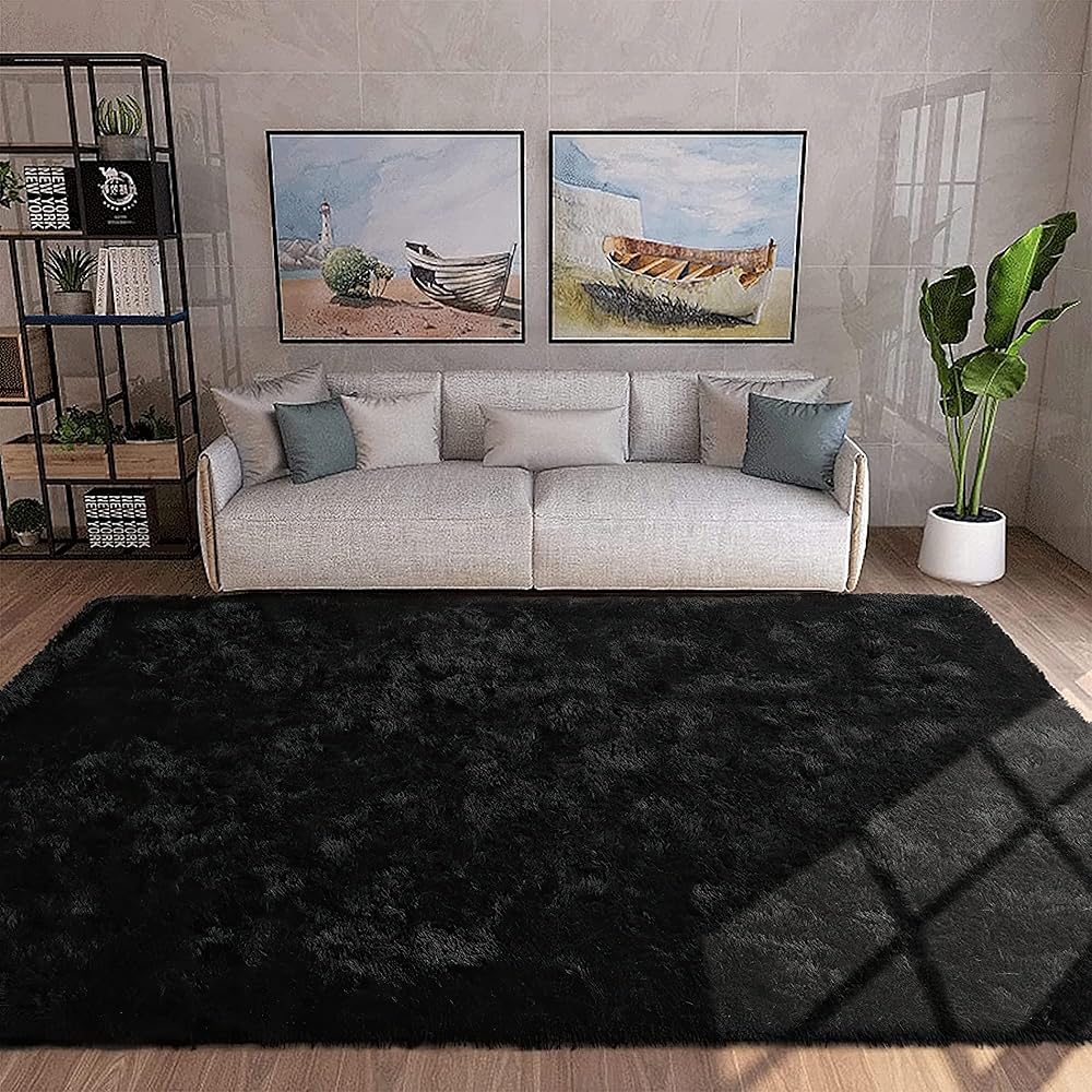 VOFUSHON Tapis Salon Shaggy Descente de lit Chambre Grande Taille Tapis avec Le Fond Antidérapant, Tapis Décoratif de Style Moderne pour Salon Chambre Canapé Natte(160 x 230 cm,Noir) : Cuisine et Maison