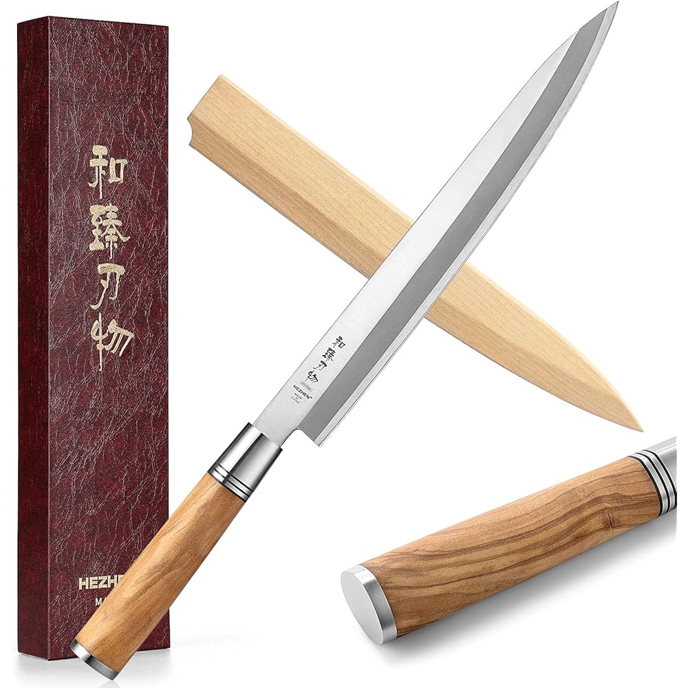 HEZHEN Couteau Sashimi 27CM,Style Japonais Forger l'acier Yanagiba Couteau,Couteau à Sushi Filetage,Manche en Bois D'olivier Gaine de Couteau en Bois : Cuisine et Maison
