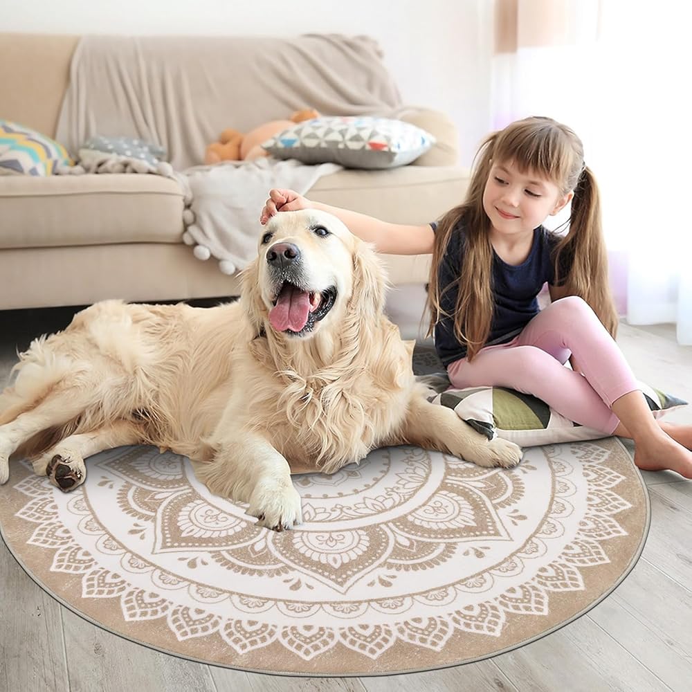 SHACOS Tapis Rond 160 cm Beige Poil Ras Tapis Salon Chambre Antidérapant Tapis de Sol Décoratif Motif Ethnique Boho Tapis Rond Moderne pour Salon Chambre : Cuisine et Maison