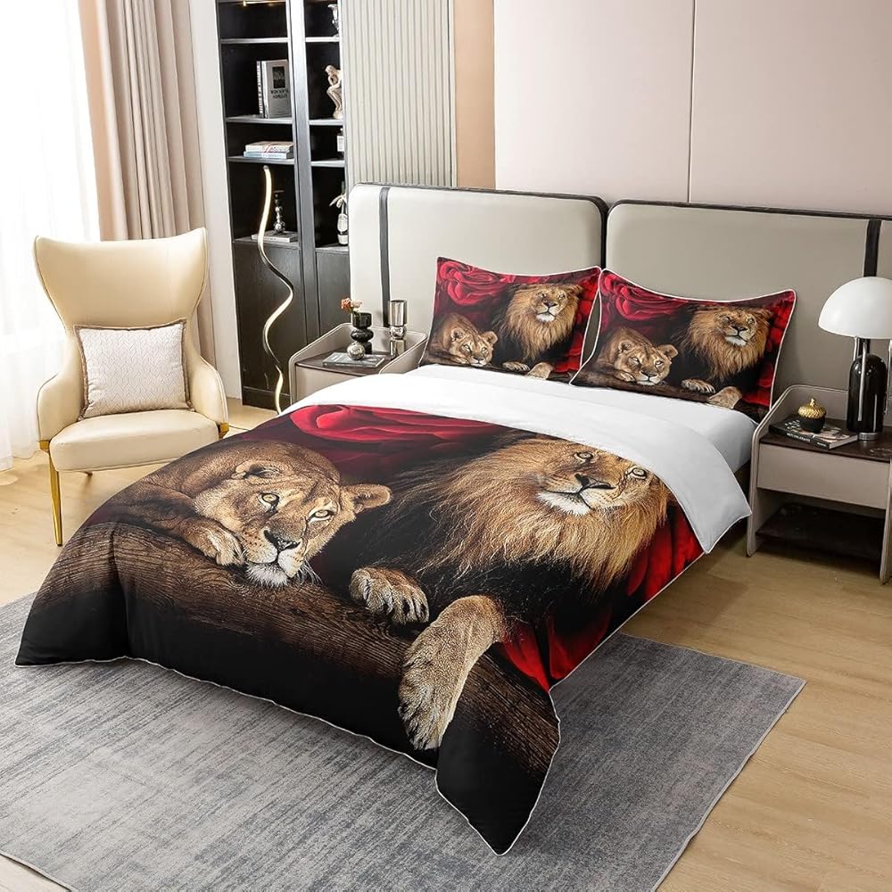 Parure de Lit 100% Coton 240x260 cm, Housse de Couette Lion Rose, Ensemble de Literie À Imprimé Floral Animalier, Literie sur Le Thème de La Nature, pour Enfants Jeunes Adultes, Ultra Doux : Cuisine et Maison