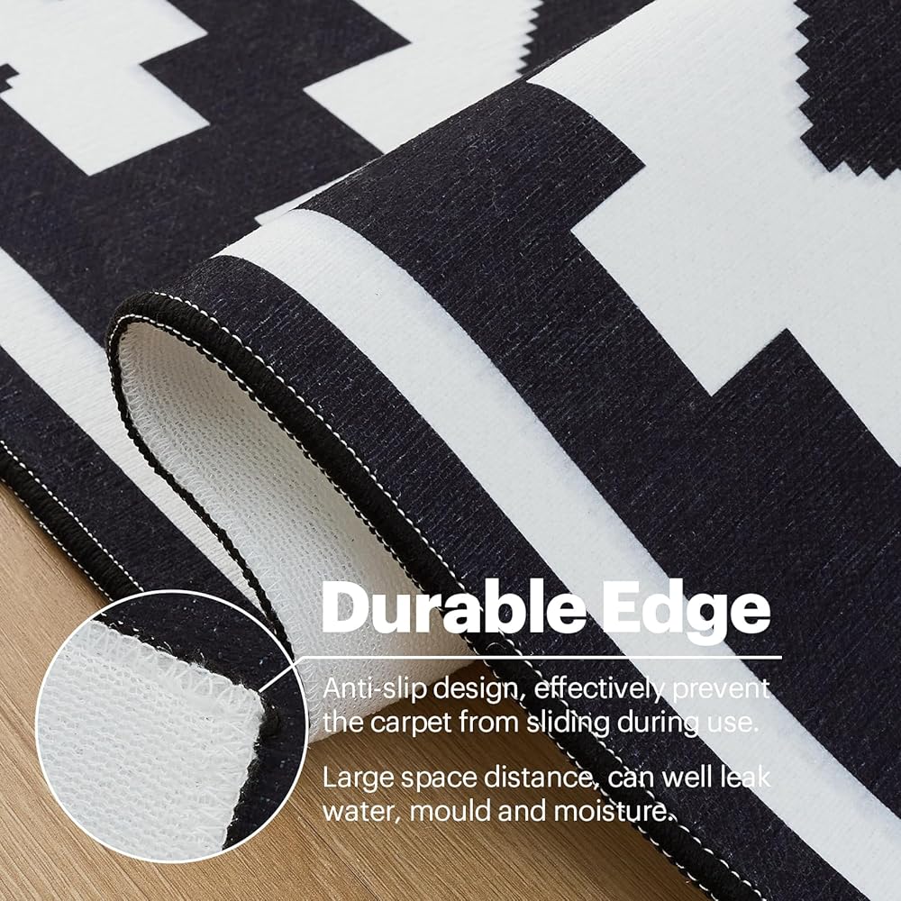 OMERAI Tapis moderne lavable 150 x 240 cm, noir/blanc, antidérapant, résistant aux taches, pour intérieur et extérieur : Cuisine et Maison