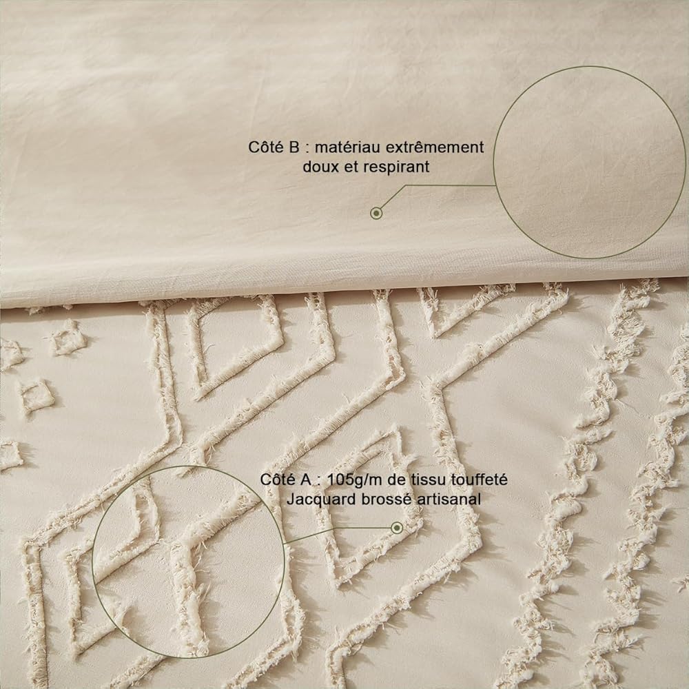 Sedefen Bohème Housse de Couette 240x260 cm Beige Tuftée Broderie Parure de Lit 2 Personnes Adulte Ado Shabby Chic Boho Linge de lit Avez Fermeture Éclair et 2 Taies d'oreiller 65x65cm : Cuisine et Maison