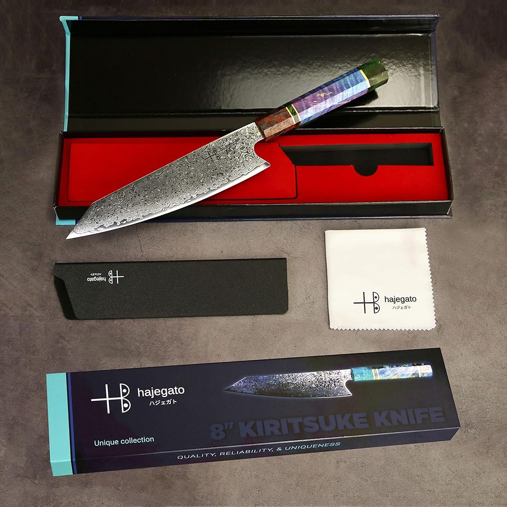 Hajegato Couteau de Chef Damascus Unique en Son Genre de poignée Professionnel Couteau de Cuisine de Chefs Japonais VG10 Haute qualité 67 Couches Couteau Damas avec Sheath (Kiritsuke 8") : Cuisine et Maison