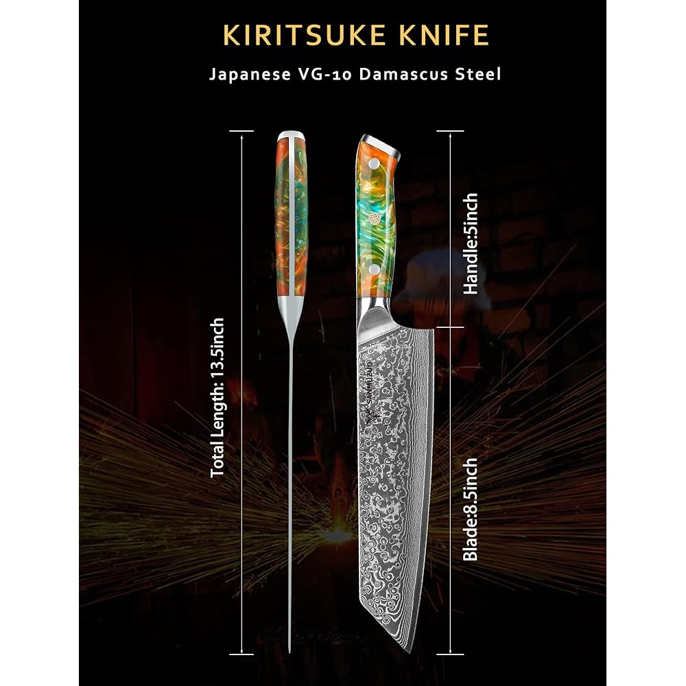 SANMUZUO Couteau Kiritsuke de 22cm - Couteau de Chef en Damas - Japonais en Acier de Damas 67 Couches Couteau de Cuisine - Manche en Résine (Orange Fantastique) - Xuan Série : Cuisine et Maison