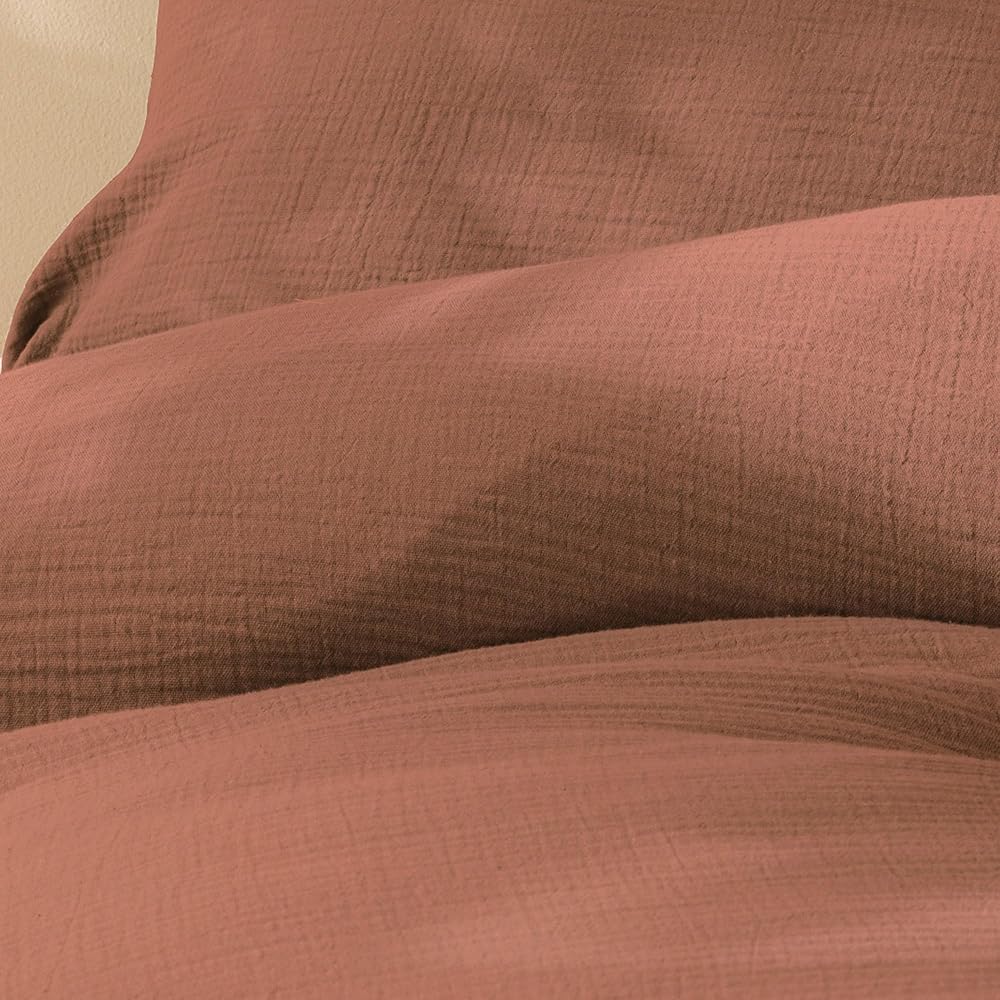 MATT &amp; ROSE Parure de lit Unie Double Gaze DE Coton 240x220cm | 100% Coton de qualité supérieure | Oeko-TEX | Housse de Couette 240x220cm + 2 Taies d'oreiller 65x65 cm | Terre Cuite : Cuisine et Maison