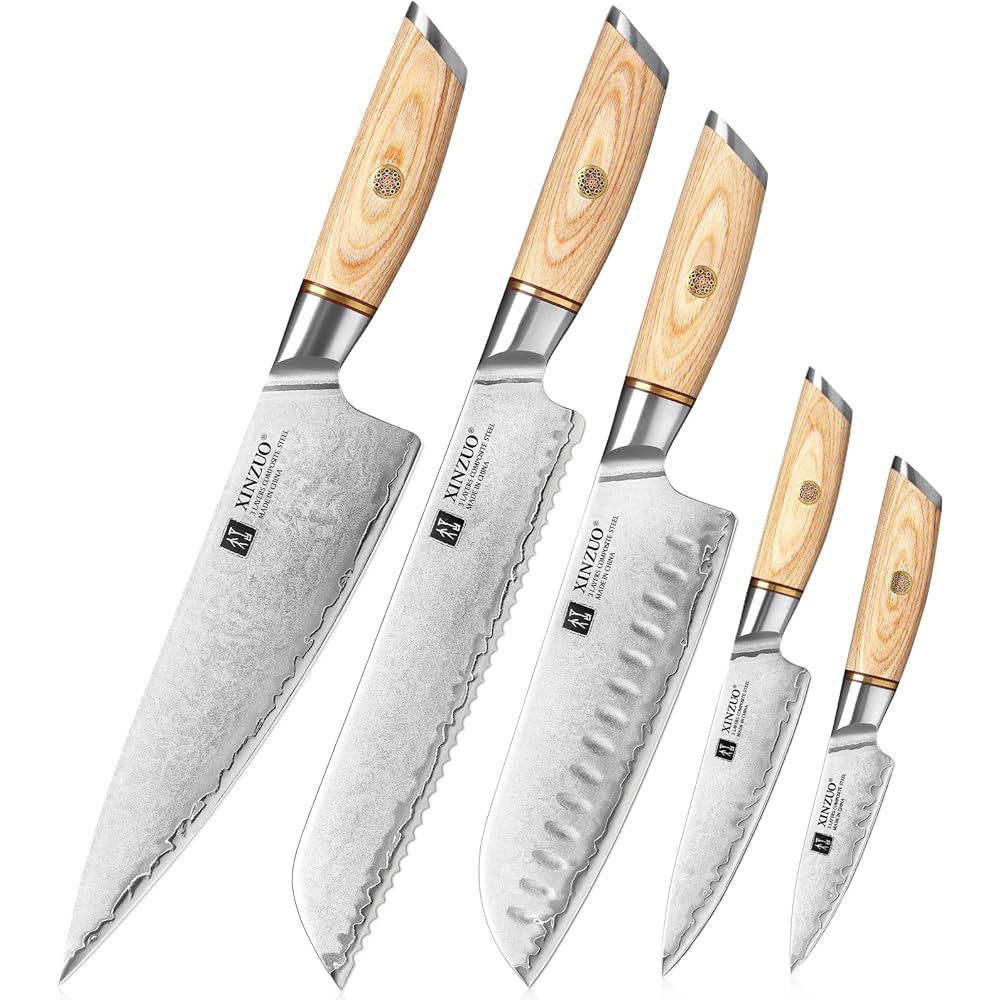 XINZUO 5 Pièces Set Couteaux de Cuisine en Acier Composite, Ensemble de Couteaux de Chef en 10Cr15CoMoV Acier Composé 3 Couches, Professionnel Tranchants Set Couteaux- Poignée en Bois Pakka : Cuisine et Maison