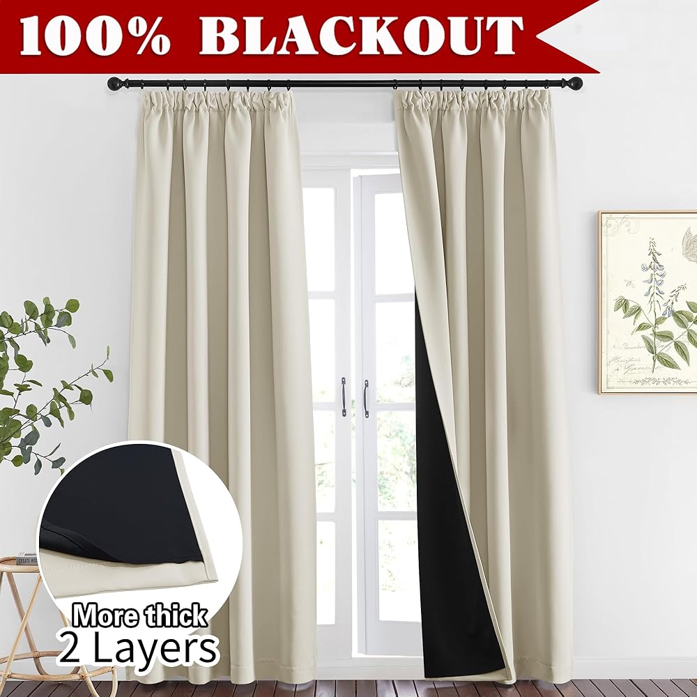 PONY DANCE Rideaux Très Occultants - Double Rideaux Chambre Galon Fronceur Anti-Bruit Tissu Lourd 100% Lumiere Bloquer Isolant Thermique Ombrage, Beige Clair, L 140 x H 220 cm, Lot de 2 : Cuisine et Maison