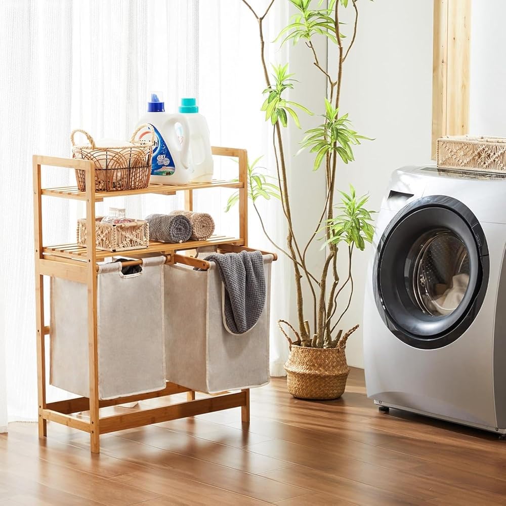 YOUDENOVA Panier à linge en bambou avec 2 étagères et 2 sacs à linge extensibles pour chambre à coucher, salle de bain ou buanderie, 93 x 64 x 33 cm, ivoire : Cuisine et Maison