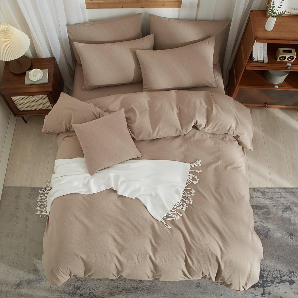YASMENG Housse de Couette Demi-Lin 200x200 Brun Parure de Lit Mélangé Doux Respirant Douillet Coton Lin Linge de Lit 2 Personne avec Fermeture Éclair et Taies d'oreiller 65x65 cm : Cuisine et Maison
