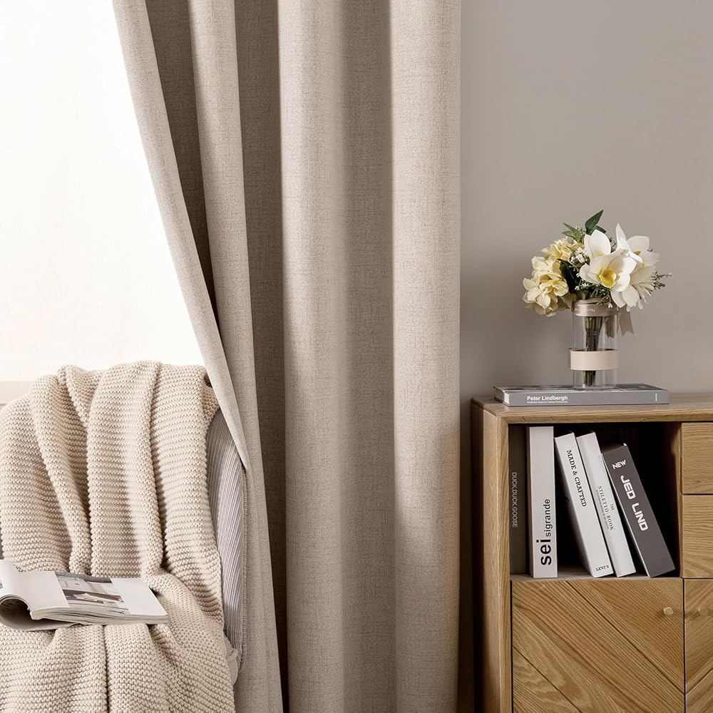 MIULEE Rideaux Opaques Isolants Thermiques avec Oeillets en Lin 100% Occultants - Protection Contre Le Froid pour Le Salon, Lot de 2, 140 x 260 cm, Beige : Cuisine et Maison