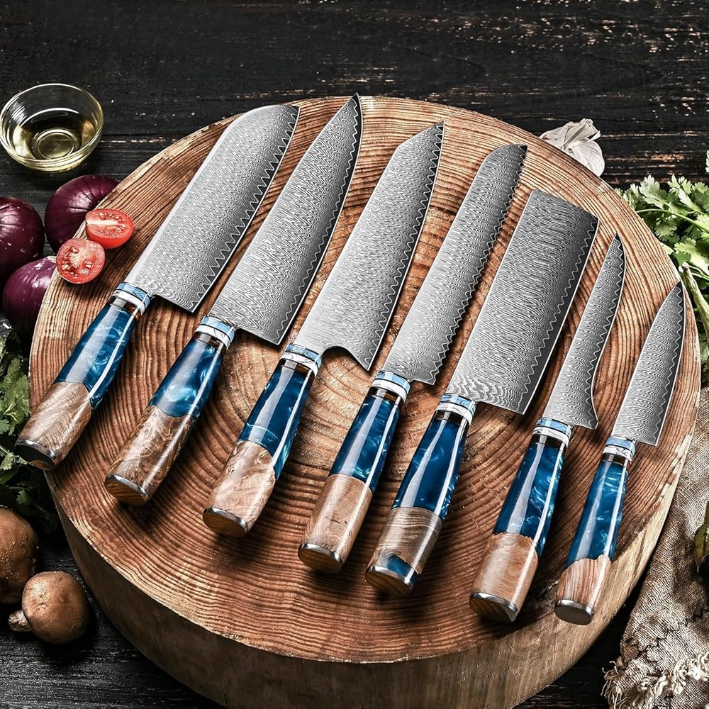oFuun Set Couteau Cuisine, 5pcs Couteaux Damas, Couteaux Japonais Lame en Acier Damas 67, Lot de Couteaux Cuisine Professionnelle, Ergonomique Résine Bleue Handle : Cuisine et Maison