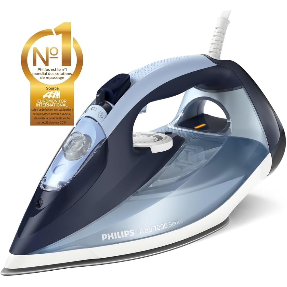 Philips Azur Séries 7000 Fer à Vapeur - 2800W, Vapeur continue 50 g/min, 250 g de Vapeur en Plus, Vapeur Verticale, Semelle SteamGlide Plus, Bleu (DST7020/80) : Cuisine et Maison