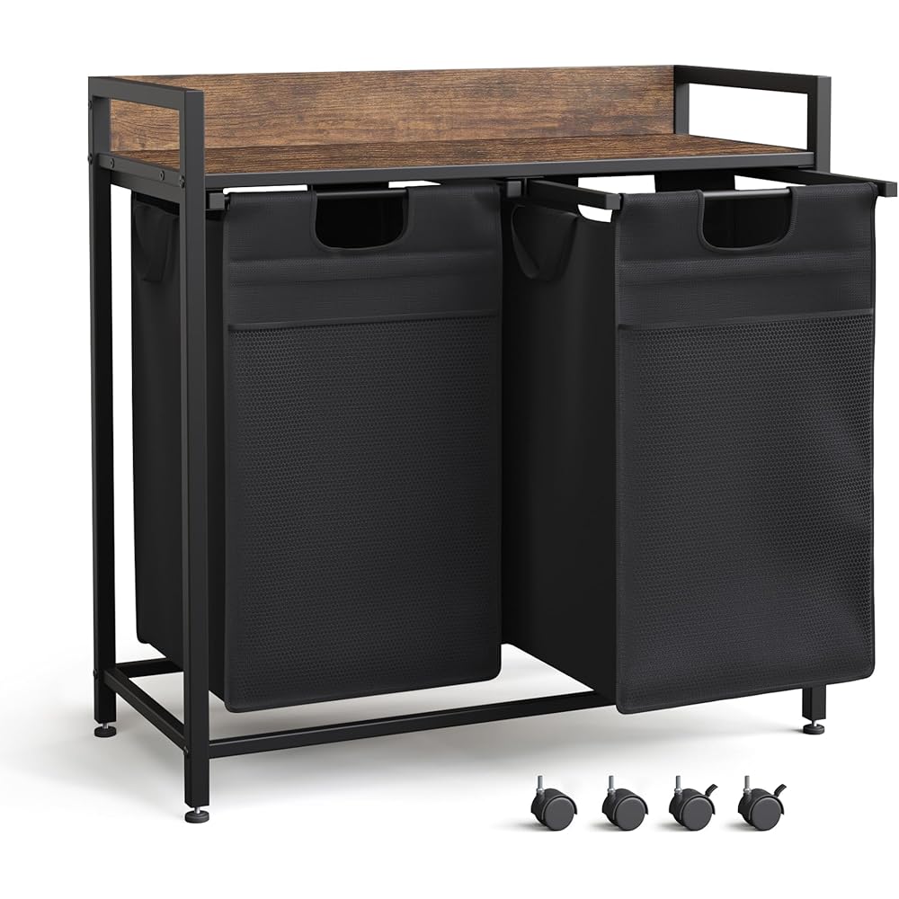 Mondeer Panier à linge 2 Compartiment, Corbeille à Linge Sale, Bacs à Linge avec Cadre Métallique et Pochette de Rangement pour Chambre à Coucher Salle de Bain, 2x50L, 73x33x75 cm : Cuisine et Maison