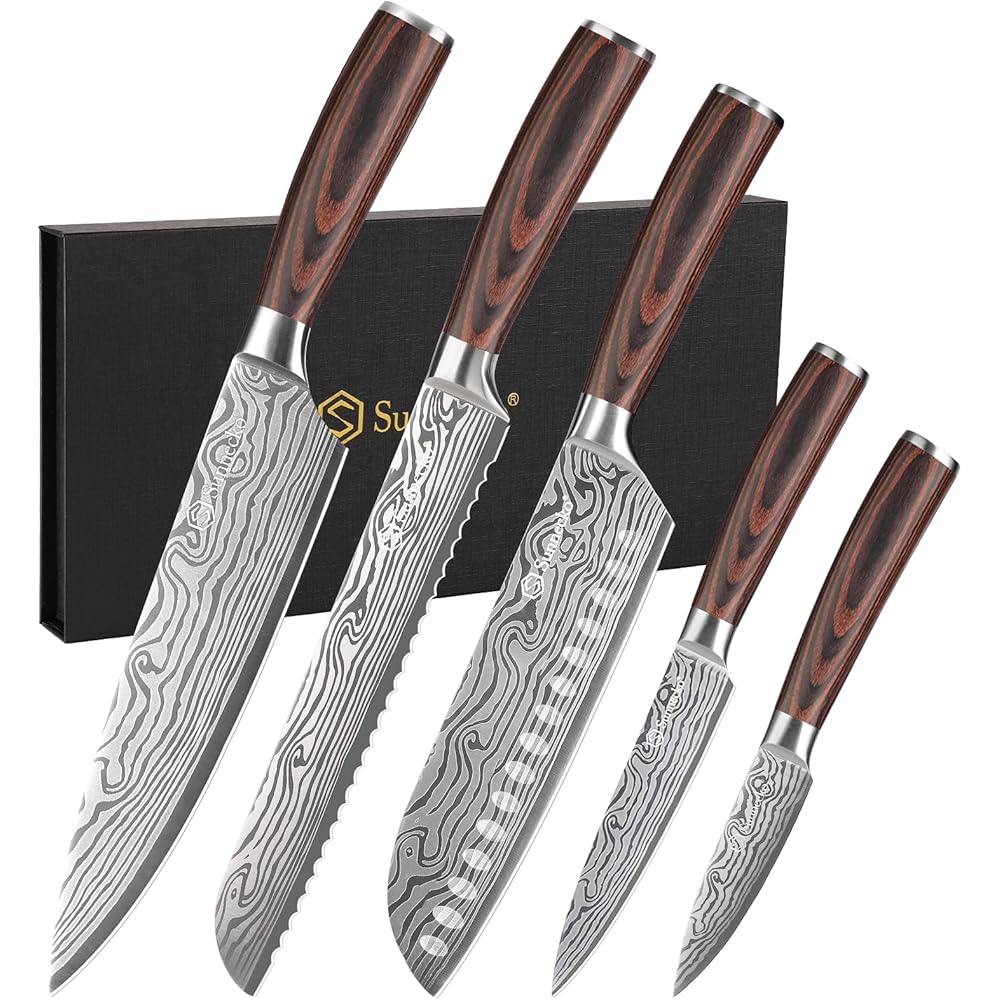 Sunnecko Set Couteau Cuisine Professionnel - Couteaux de Cuisine Japonais 5 Pièces en Acier Inox Lasé, Couteau Office Chef Santoku Pain Légume : Cuisine et Maison