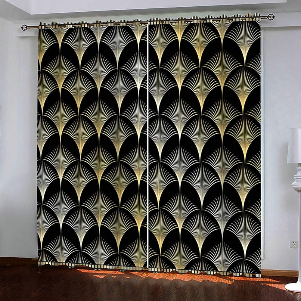 ANAZOZ Rideau Occultant Isolation Thermique 214x274CM, Noir Jaune Motif Art Deco, Lot de 2 Rideaux Fenêtre Draperies pour Salon Chambre : Cuisine et Maison
