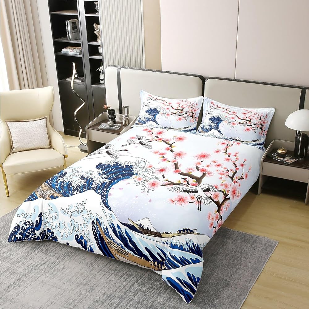 Homemissing Fleur de Cerisier Parure de lit 140x200cm 100% Coton Chic Crane Housse de Couette 100% Coton Enfants Vagues décoration Rose Ukiyo - e Japonais thème Ensemble avec 1 taie d'oreiller, : Cuisine et Maison